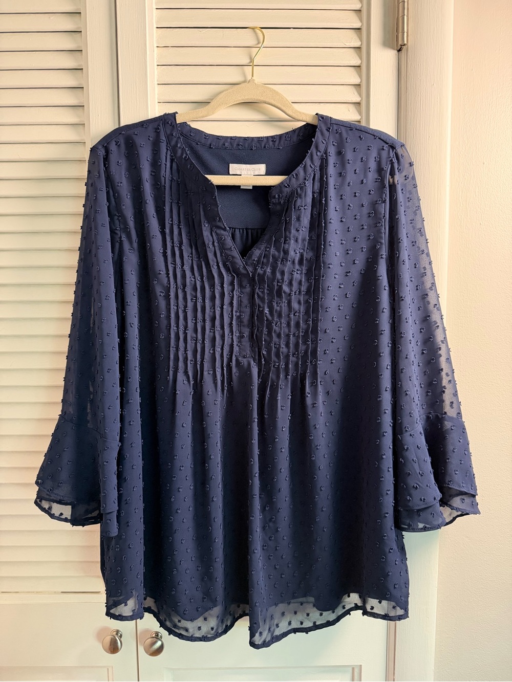 Charter Club Navy Swiss Dot Pintuck Peasant Blouse